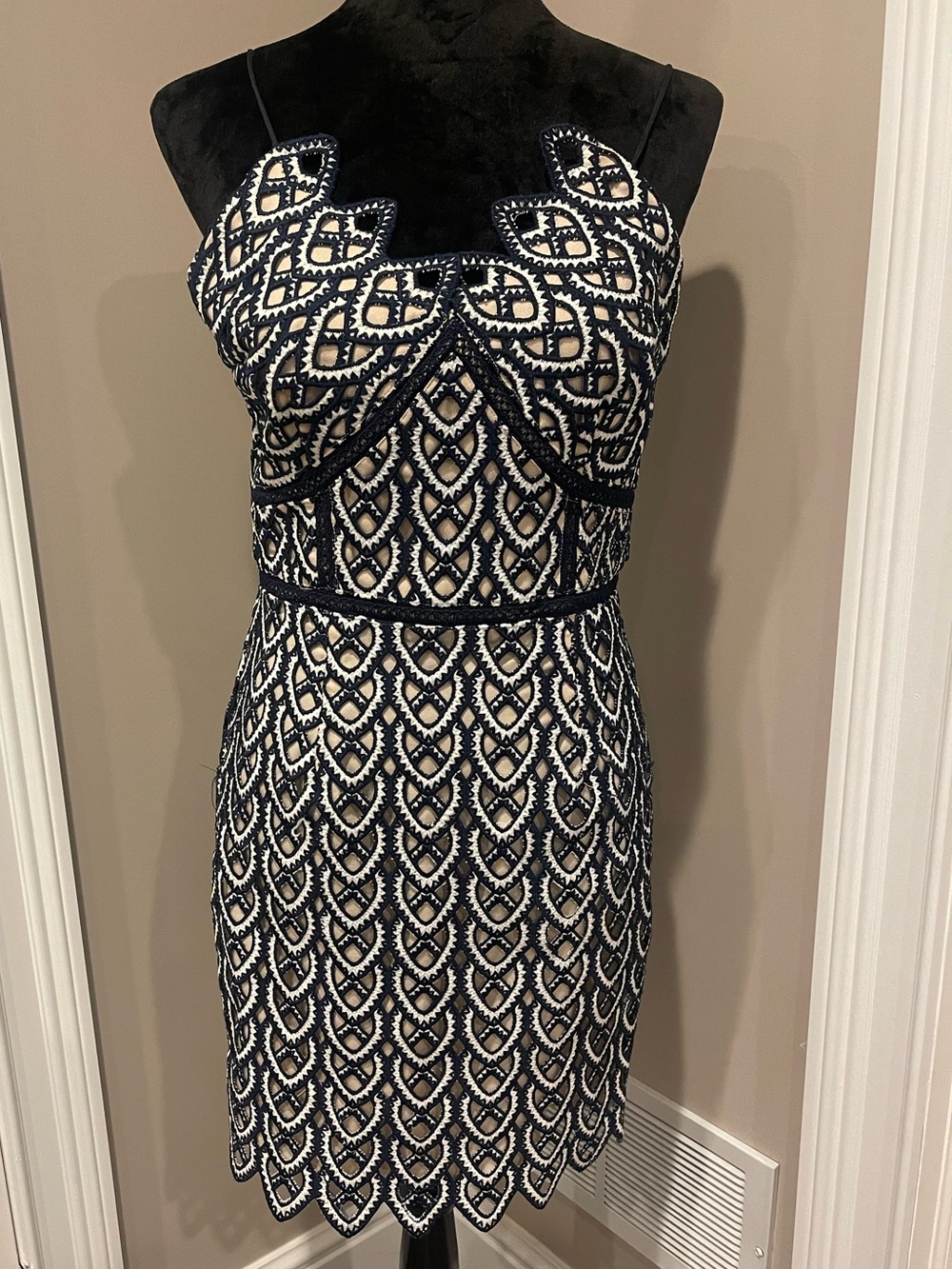 Navy and Cream Lace Overlay Spaghetti Strap Dress